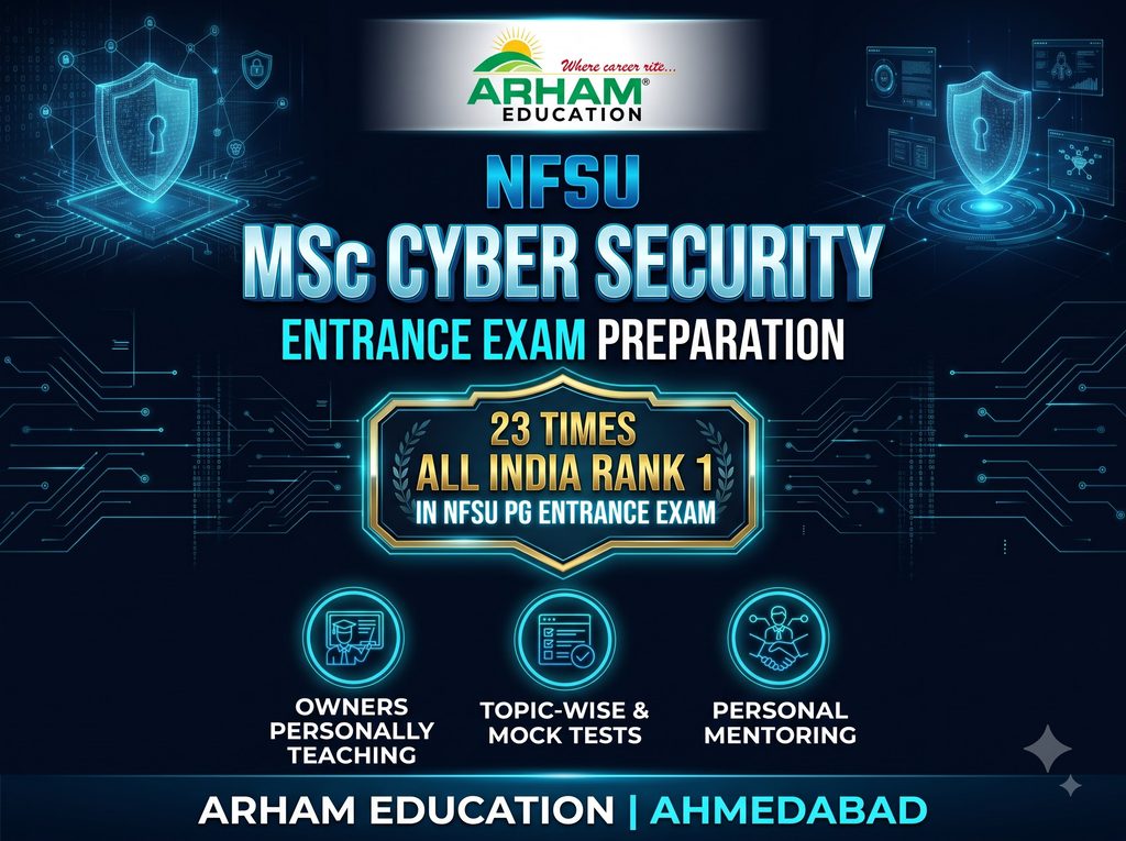 NFSU Cyber Security Coaching Ahmedabad. NFSU PG Entrance exam 23 times ALL India Rank 1 by Arham Education Ahmedabad.